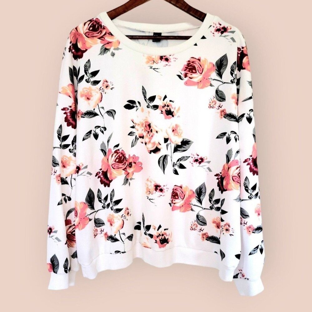 Womens 3XL Style Shein Lune Drop Shoulder Stunning Floral Print Crewneck Sweater